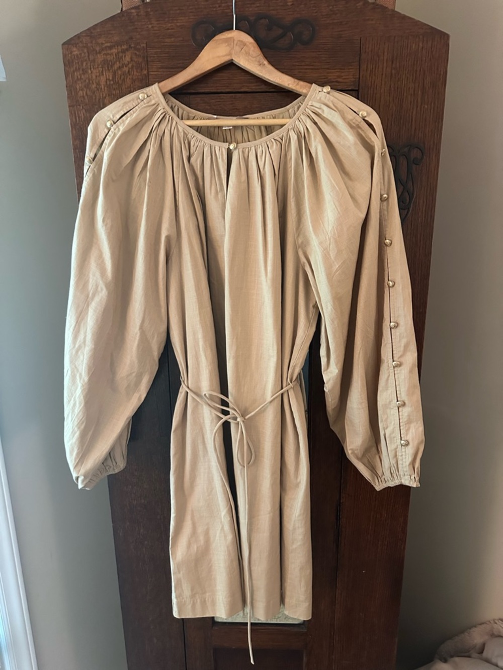 Ann Taylor Loft Tan Long Sleeve Peasant Dress with Tie Waist and Gold Buttons- M